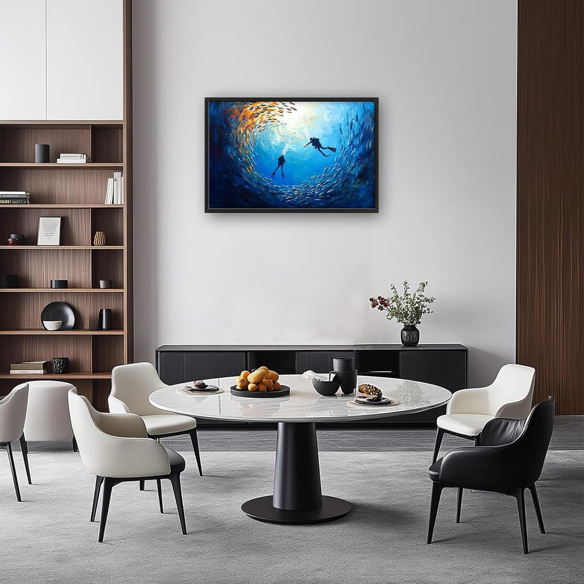 Large Ocean Diving Wall Art for Living Room, Framed Oversized Fish Wall Decor Underwater Marine Life Canvas Painting Modern Artwork for Living Room Bathroom Bedroom Office Dining Room 36"x24"