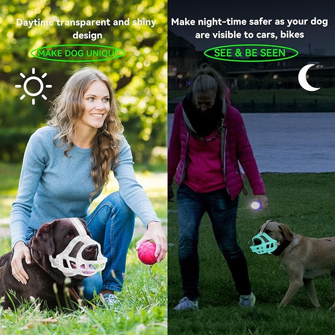 Glow-in-The-Dark Dog Muzzle, Basket Muzzle for Small Medium Large Dogs,Anti-Biting Chewing, Lightweight Cage Design,Allows Drinking & Panting,for Grooming & Training Size S
