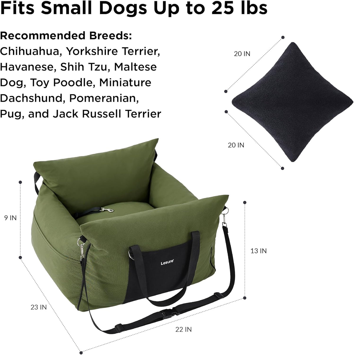 Lesure Small Dog Car Seat for Small Dogs - Waterproof Dog Booster Seat for Car with Storage Pockets and Clip-On Safety Leash and Thickened Memory Foam Filling, Pet Travel Carrier Bed Cypress Green