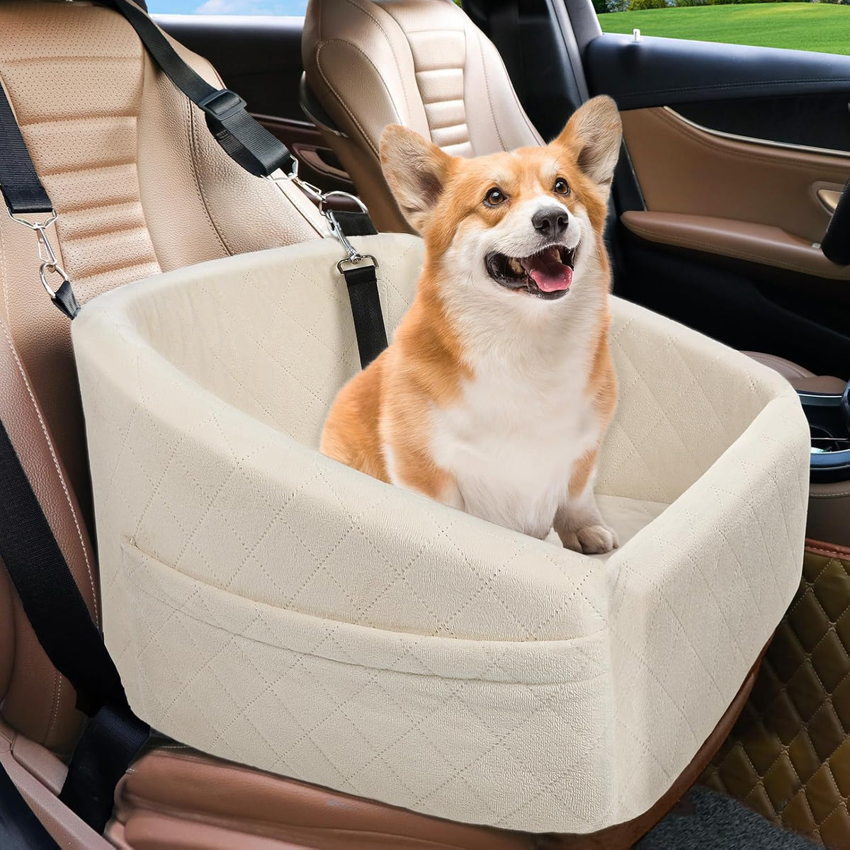 Dog Car Seat for Small Medium Dogs,Detachable Washable Dog Booster Seat Under 30lbs, Pet Car Seat Travel Bed with Storage Pockets and Dog Safety Belt (White)
