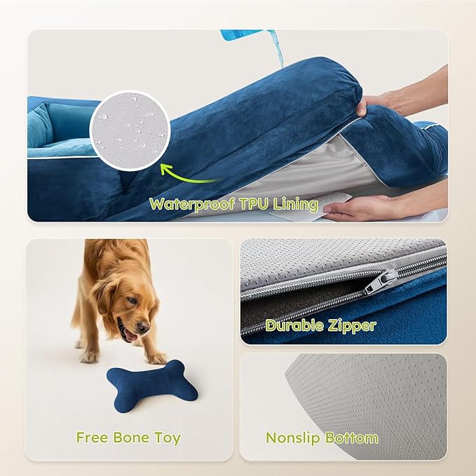 Extra Large Dog Bed, Orthopedic Dog Bed with Cooling Gel Memory Foam, Waterproof XL Pet Bed with Removable Washable Cover, 42" Pet Sofa Couch Dutch Velvet with Bone Toy, Navy Blue