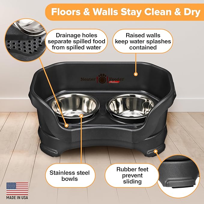 Neater Feeder Deluxe Mess Proof Cat Bowls Elevated for All Breeds – Made in USA – No Spill Raised Bowls for Indoor Cats – Stainless Steel Food and Water Bowl Set, Pet Dish Feeding Station, Black