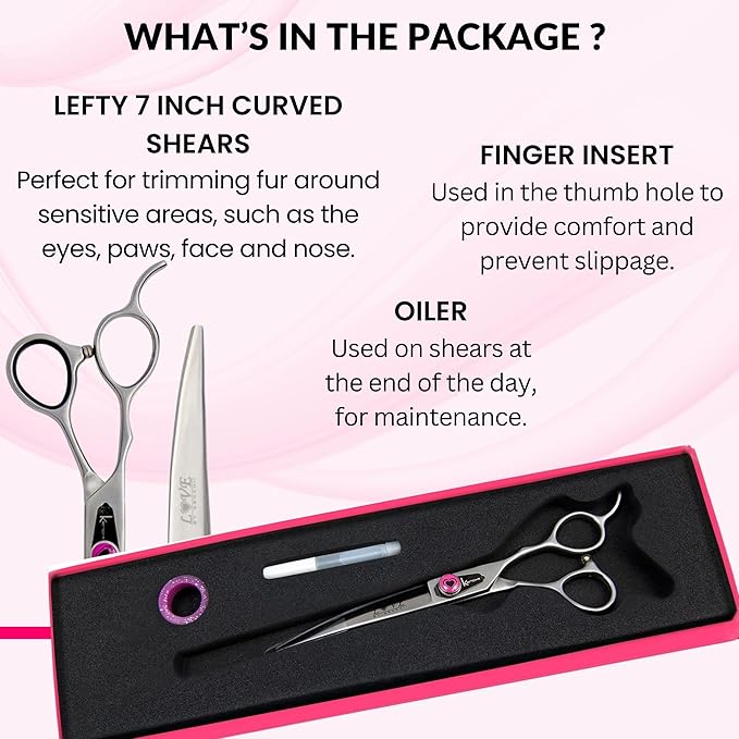Kenchii Love Left Handed Dog Grooming Scissors, 7 Inch Curved Shears, Dog Scissors for Grooming, Professional Pet Grooming Scissors, Ergonomic & Comfortable
