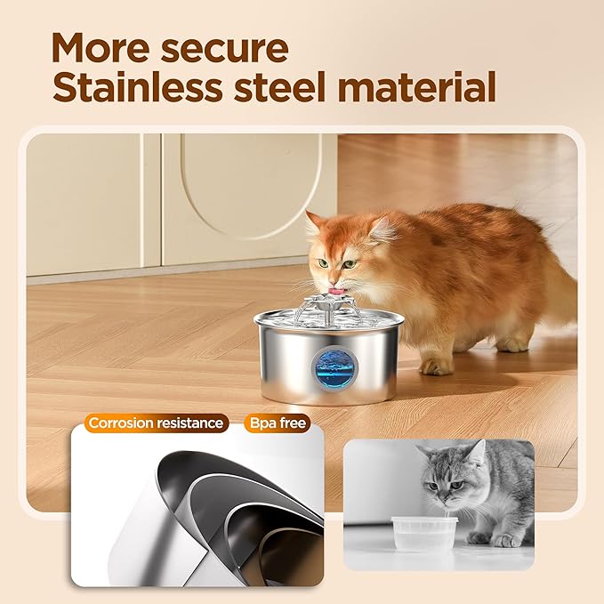 Cat Water Fountain Stainless Steel: 88oz/2.6L Pet Drinking Fountains with 6 Filters Water Bowl for Cats Inside with Flower Kitty Spout Dog Dispenser Animal Watering Supplies - Water Level Window