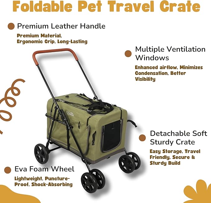 Pet Stroller Foldable Travel Crate for Small and Medium Dog and Cat, Portable Pet Travel Carrier, Pet Jogger with Detach Carrier