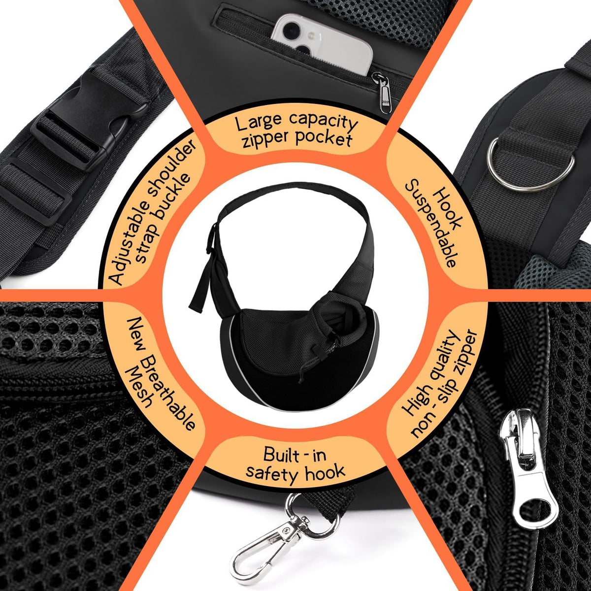 YUDODO Pet Sling Carrier for Small Dogs & Cats – Hands-Free Puppy Carrier with Safety Hook, Large Zipper Pocket, Soft Breathable Mesh, Adjustable Strap & Reflective Strip (Black 2.0 S)