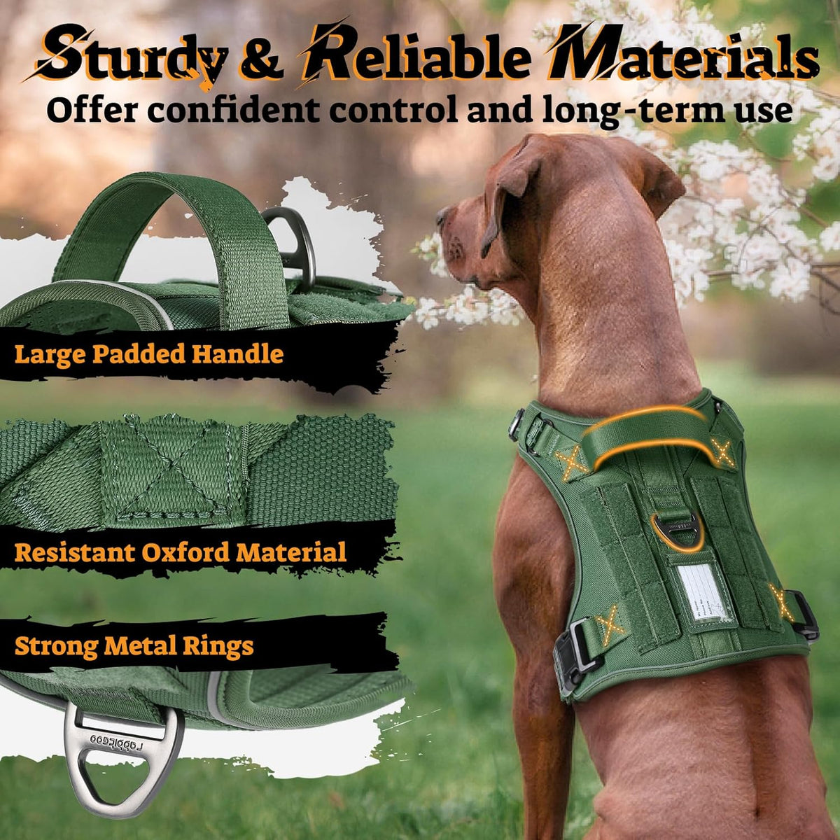 rabbitgoo Dog Harness for Large Dogs No Pull, Tactical Service Pet Vest with Molle and Control Handle, Adjustable and Reflective Military Harness for Easy Walking and Training, Green, L