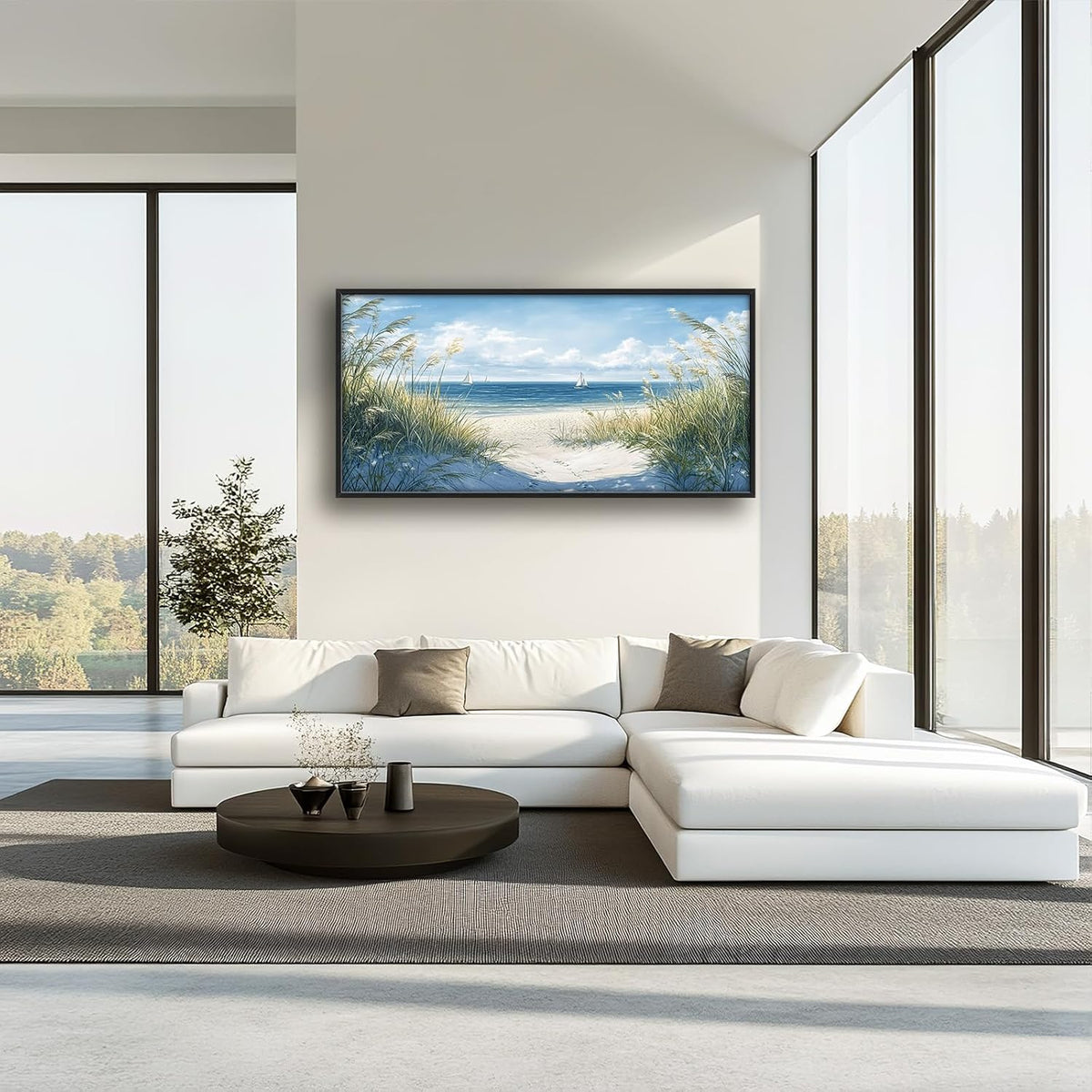 Framed Large Beach Wall Art for Living Room, Oversized Coastal Nautical Wall Decor Sailboat Canvas Seaside Pictures Modern Artwork Home Decoration for Living Room Bedroom Office 60"x30"