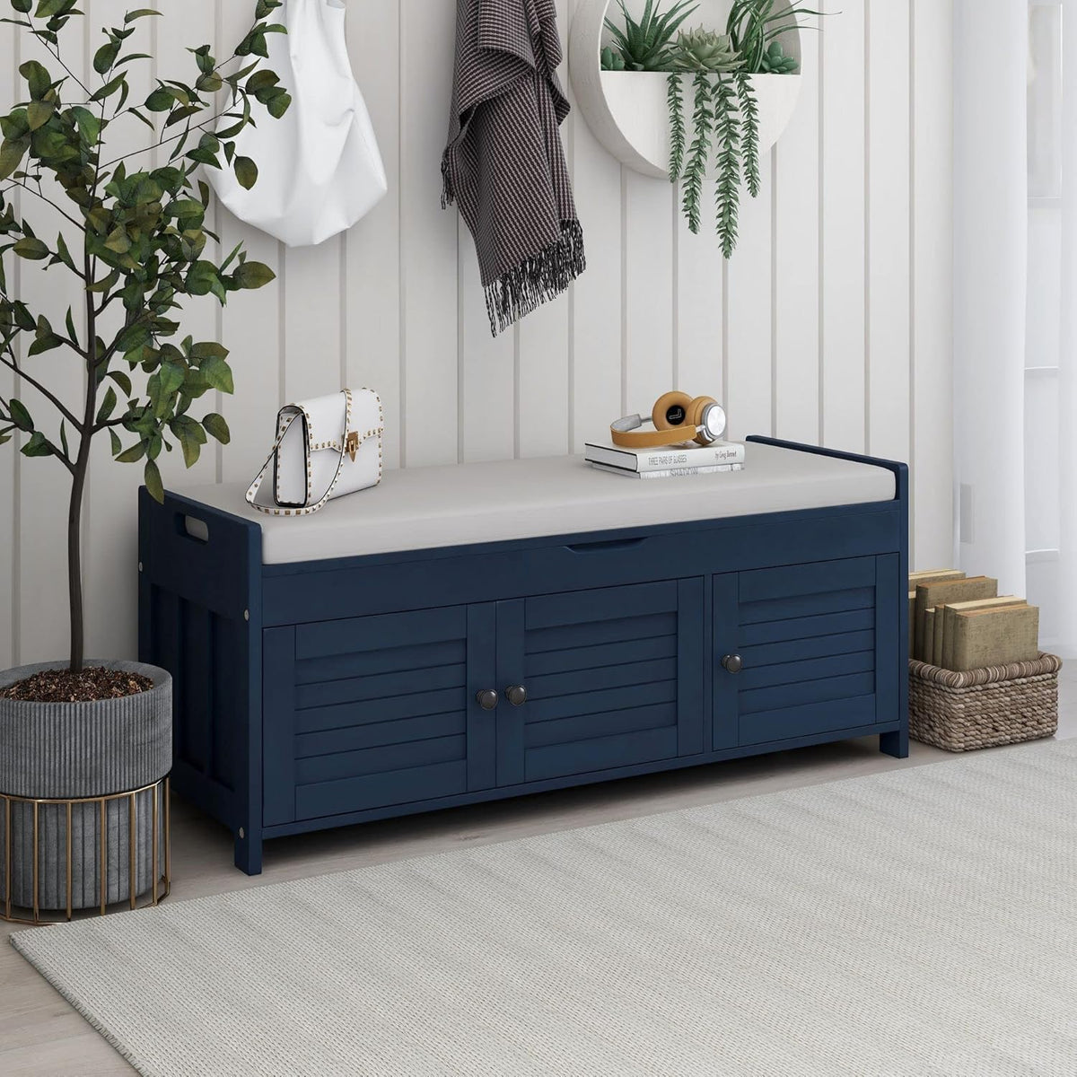 Storage Bench with 3 Shutter-Shaped Doors, Pine Wood Shoe Bench with Removable Cushion and Hidden Storage Space for Entryway Living Room 43.5" L * 16" W * 18" H, Antique Navy