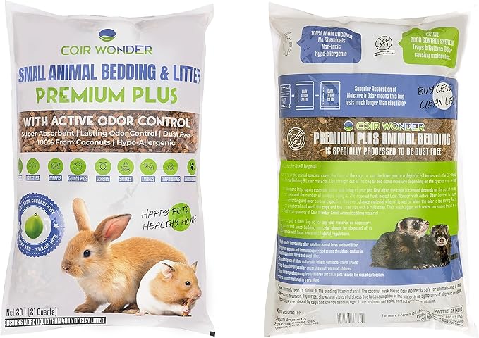 Small Animal Bedding – 20 Liter – Natural Coco Chip Substrate with Activated Charcoal Odor Control – for Chicken Coop, Rabbit Cage, Hamster Habitat, Reptile Terrarium & Snake Tank