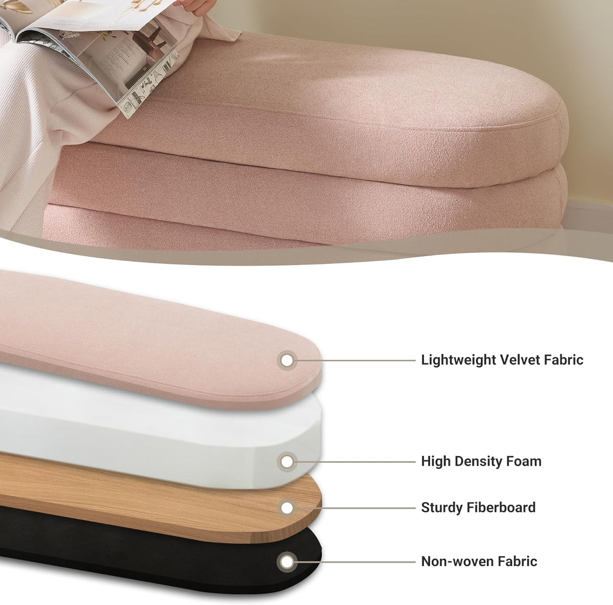 Storage Ottoman Bench 49.2 Inch Upholstered Fabric Storage Bench for Bedroom End of Bed Aesthetic Large Oval Ottoman for Living Room Entryway (Pink)