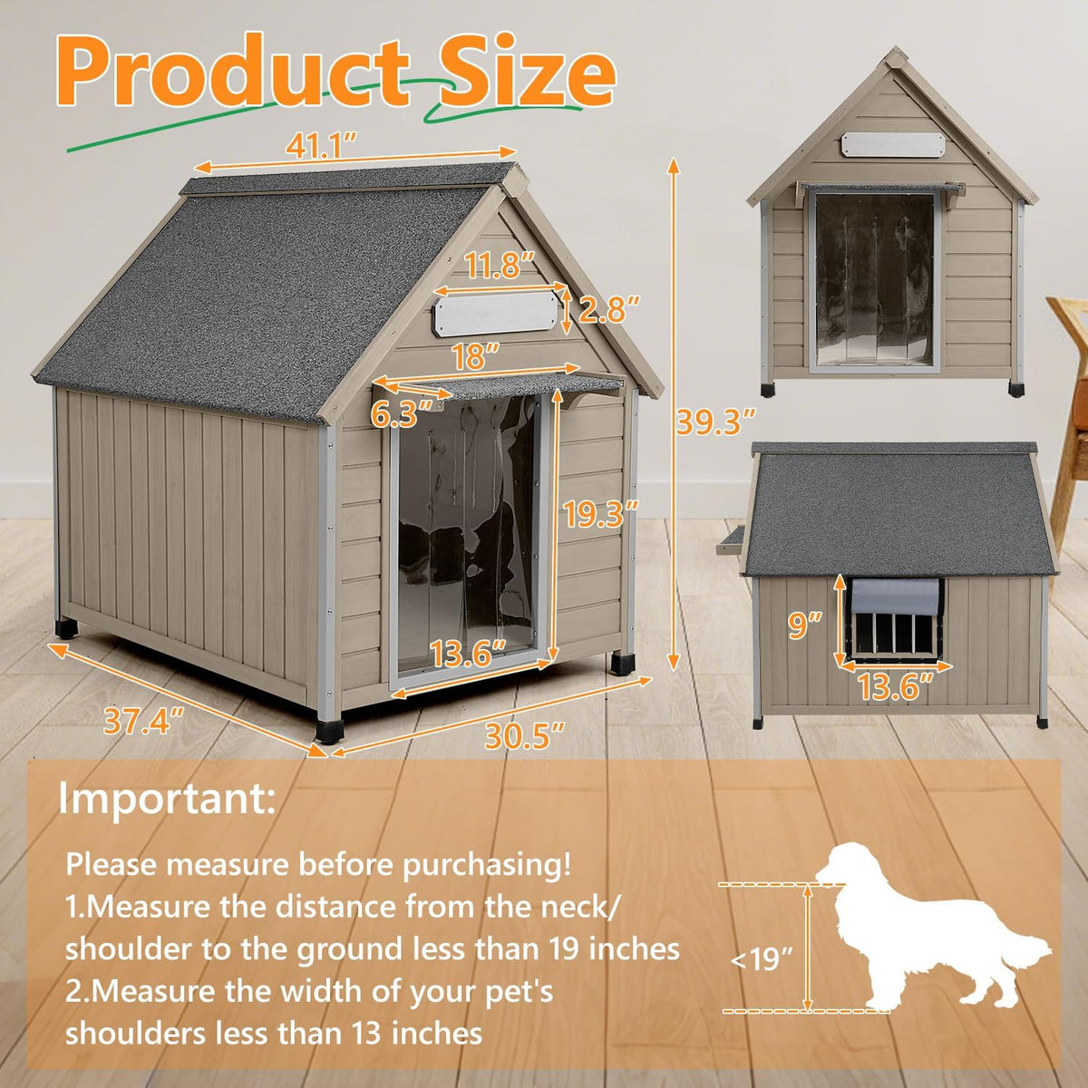 Large Dog House Outdoor Weatherproof, Wooden Dog Kennel Shelter with Anti-Chewing Iron Frame, Removable Floor for Medium to Large Dogs, Easy Clean and Assemble (30.5" L*37.4" W*39.3" H)