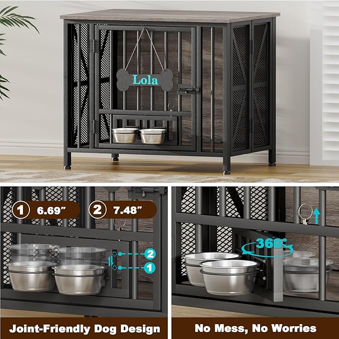 EasyCom Foldable Dog Crate Furniture, 31.5" Dog Crates for Small/Medium Dogs, Wooden Dog Kennel Indoor with Tag & Adjustable Dog Bowls, Dog Cage Use as End Table/TV Stand, Oak Grey