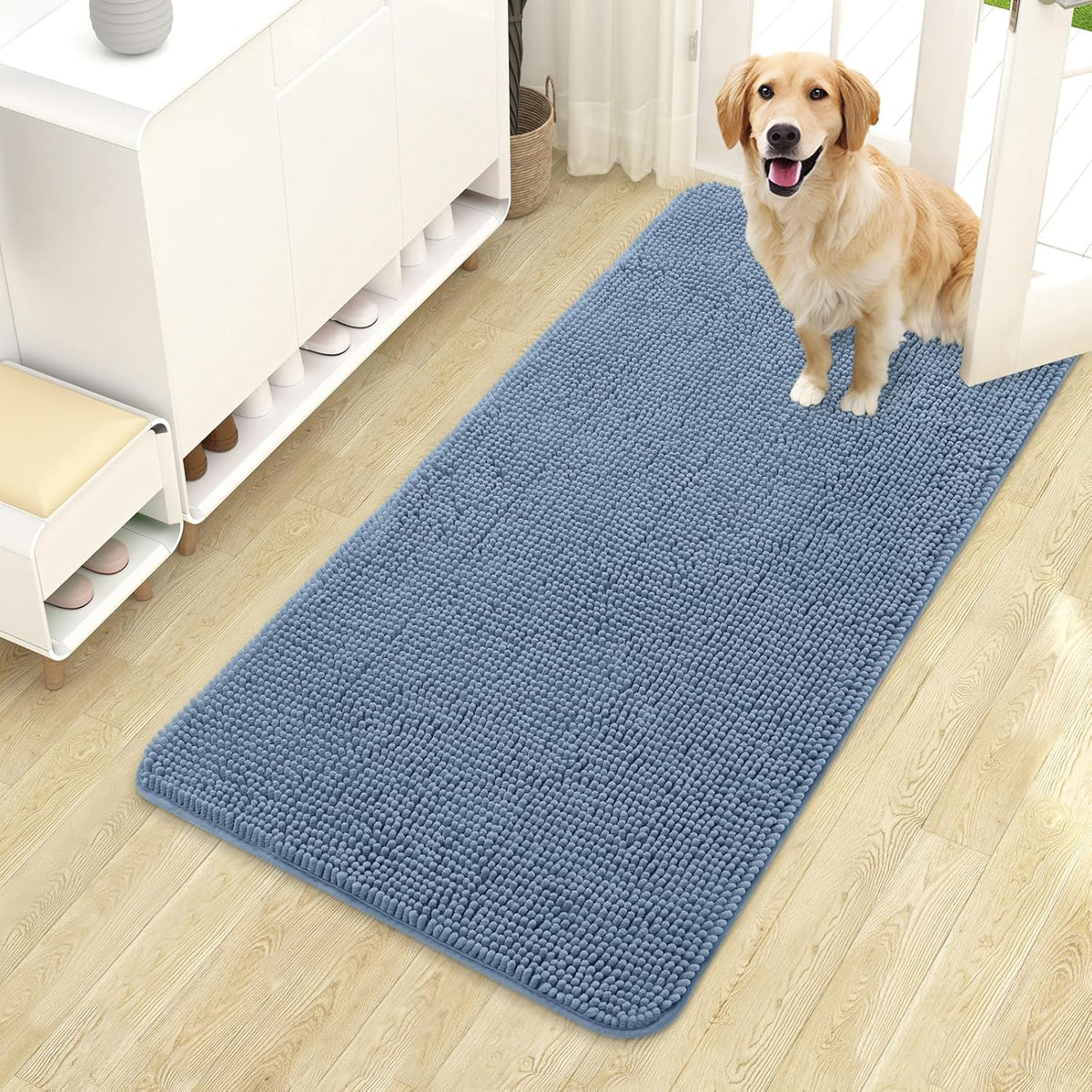 OLANLY Dog Door Mat for Muddy Paws 44x24, Absorbs Moisture and Dirt, Absorbent Non-Slip Washable Doormat, Quick Dry Chenille Mud Mat for Dogs, Entry Indoor Entryway Carpet for Inside Floor, Airy Blue