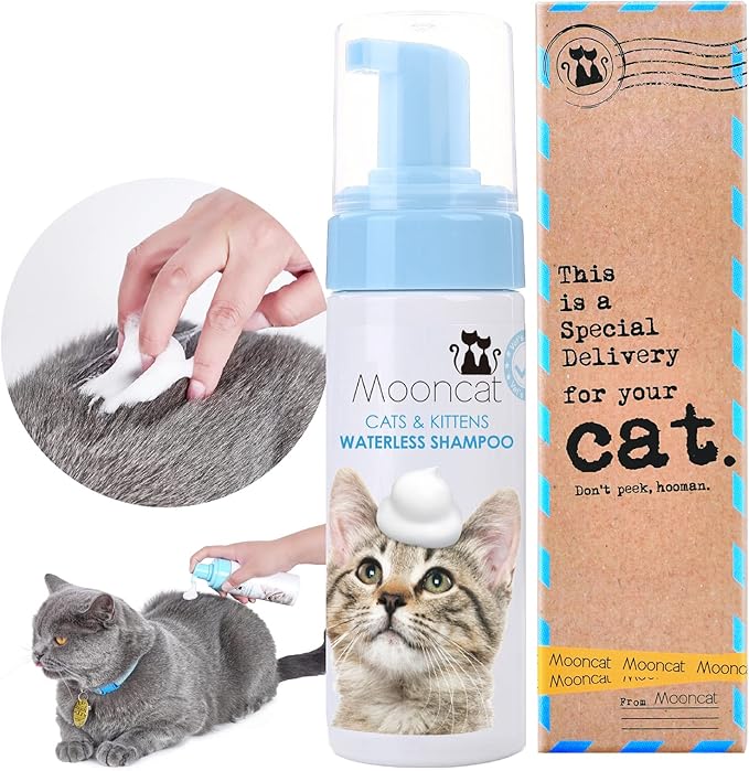 Mooncat Waterless Cat Grooming Bundle – No Rinse Foam Shampoo (5oz) + Cat Ear Cleaning Finger Wipes (40ct) | Licking Safe, pH Balanced, Dry Bath for Sensitive Cats, Removes Ear Wax & Dirt, Daily Pet H