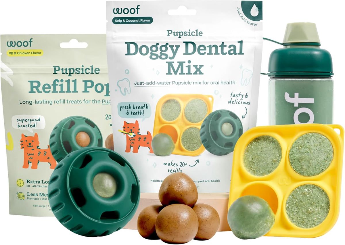 WOOF Dental Kit- Includes Pupsicle Dog Toy, Treat Tray, Shaker Bottle, Chicken Pupsicle Pops, and Dog Teeth Cleaning Powder - Supports Oral Health for Dogs - XL