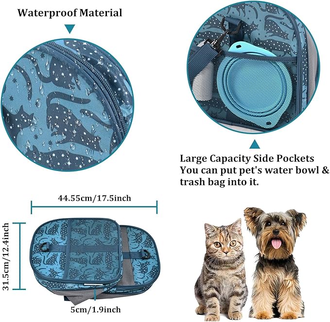 Soft-Sided Kennel Pet Carrier for Small Dogs, Cats, Puppy, Airline Approved Cat Carriers Dog Carrier Collapsible, Travel Handbag & Car Seat (Blue Cat Print, 19" L x 11" W x 11" H)