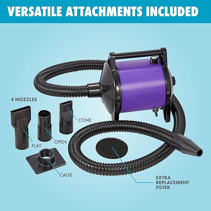 GustyAir Mini Dog Blow Dryer - Professional, Commercial Grade Force Dryer for Groomers - Quiet, High Velocity Air Dryer, Hose Attachments, Variable Speed, No Heating Element - USA Company - Black