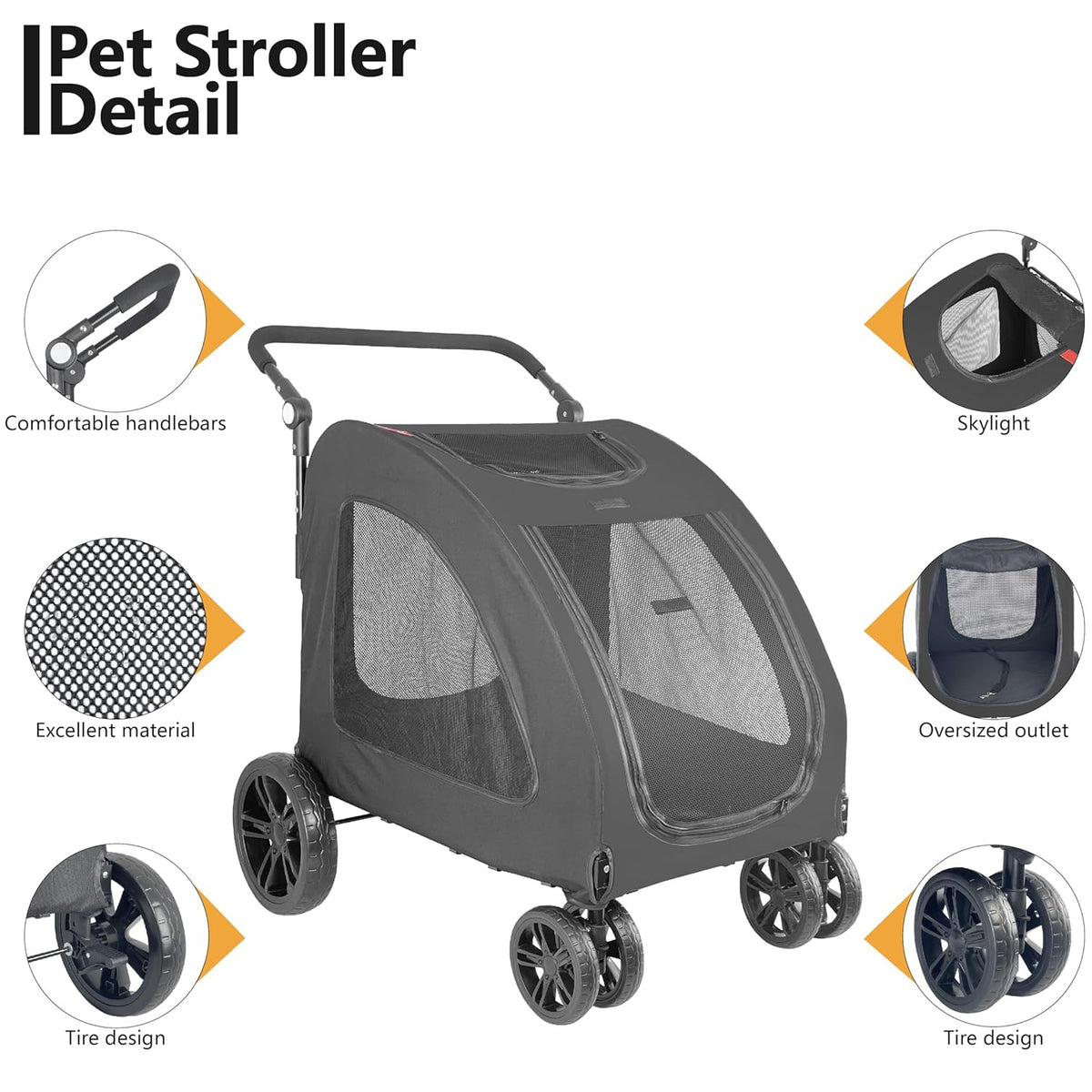 Extra Large Dog Stroller for Medium & Large Pets - Foldable Design, Adjustable Handle, Up to 130 lbs(Black)