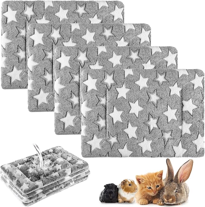 Haull 4 Pcs Waterproof Guinea Pig Bedding Winter Guinea Pig Bed Plush Cage Liners Soft Dog Cat Mat Reversible Winter Cozy Animal Pee Pad Hamster Bed Mat for Bunny(Black White Star,13 x 18.5 Inch)