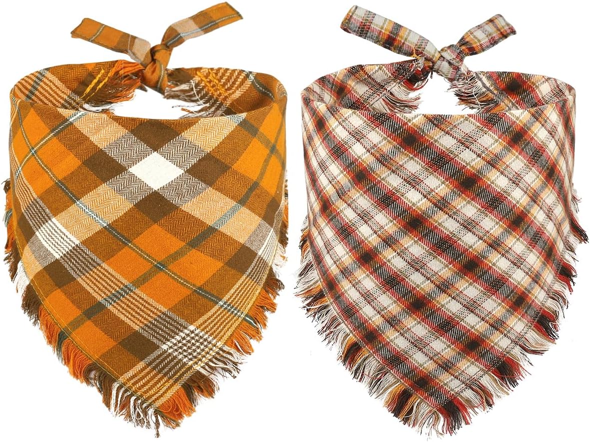 Kytely 2 Pack Fall Dog Bandanas X-Large Thanksgiving Dog Bandana Orange Plaid Pet Scarf for Boy and Girl Triangle Bibs for Large XL Dogs