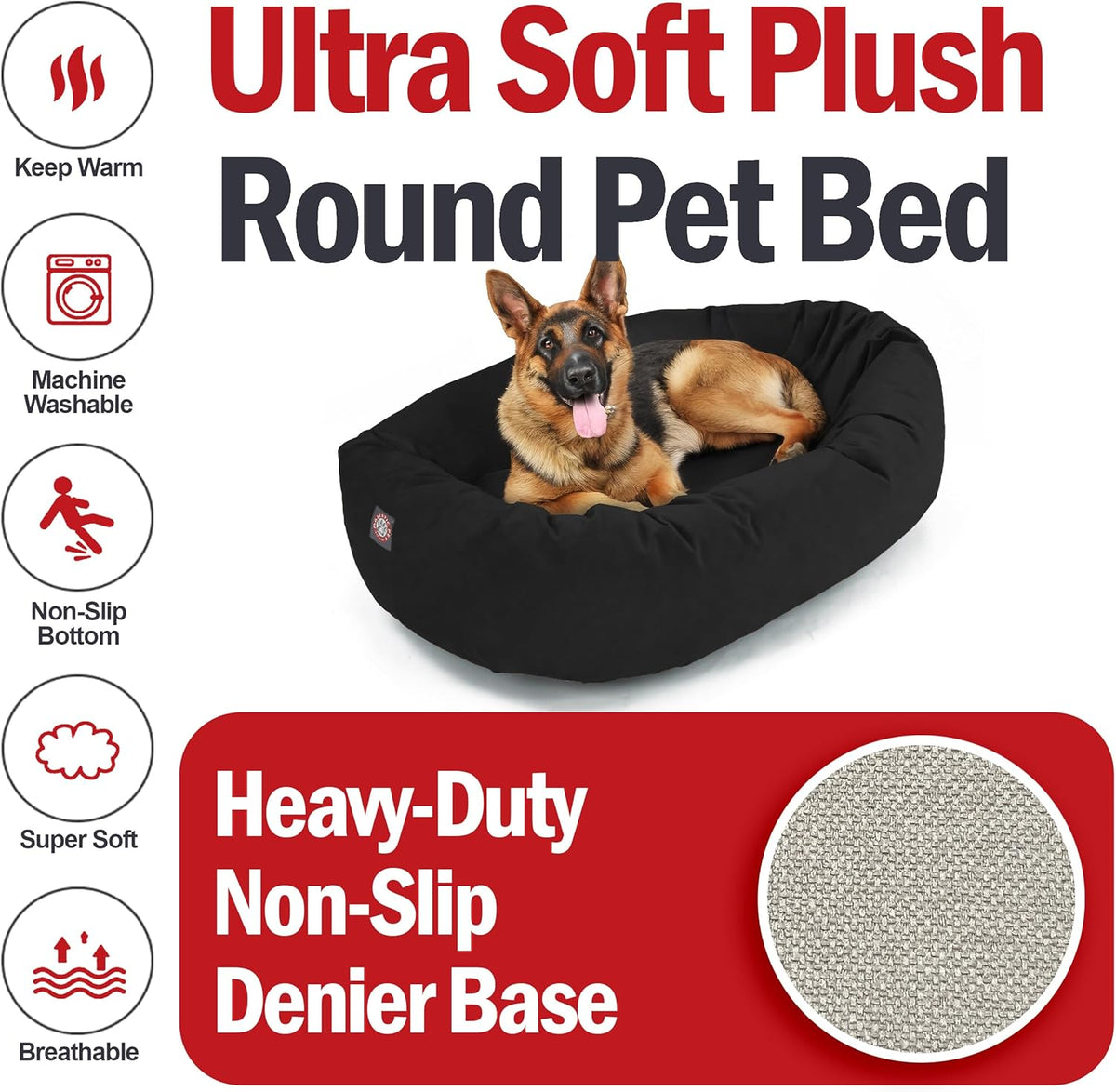 Majestic Pet 52 Inch Suede Calming Dog Bed Washable 52x35x11 (Inch) – Cozy Soft Round Donut Dog Bed with Spine Support for Dogs to Rest Their Head - Pet Bed X- Large – Black (2025)