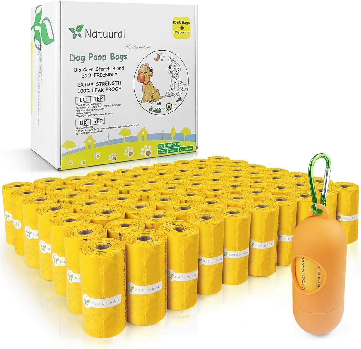 Poop Bags for Dogs-1050 Counts, 70 Rolls With a Free Dispensers, Biodegradable Poop Bags Made of Cornstarch, Size: 9x13 Inch, Extra Thick Strong and 100% Leak Proof (Yellow)