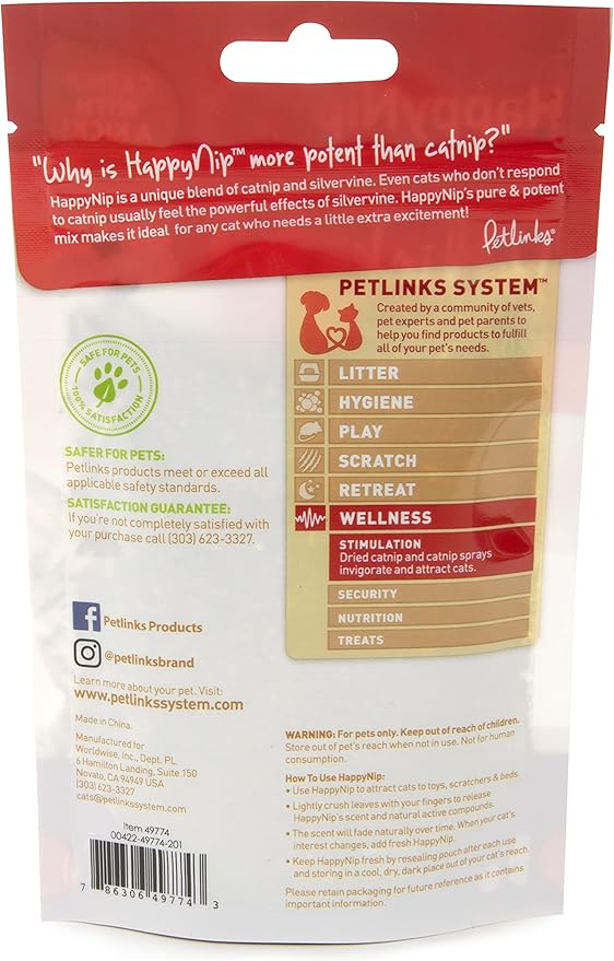 Petlinks HappyNip Catnip & Silvervine Blend for Cats & Kittens, Highly Potent Stimulant/Attractant, Great for Finicky Felines, Resealable Pouch - 0.5 oz