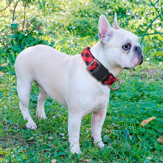 Reflective Dog Collar Padded with Soft Neoprene Breathable Adjustable Nylon Dog Collars for Small Medium Large Dogs (X-Small (Pack of 1), Red Plaid Collar+Leash)
