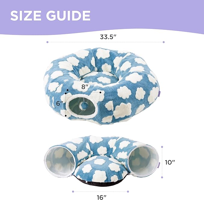 Lesure Cat Tunnel Bed for Indoor Cats - Cute Cat Donut Tunnel Toys for Small Large Cats with Washable Circle Cushion, Round Pet Peekaboo Cave Toy for Kitten/Puppy/Rabbit, Standard Cozy Clouds Blue