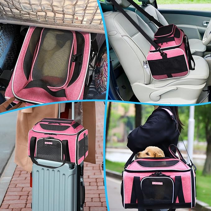 Petskd Top-Expandable Pet Carrier 17x12x8.5 Inches JetBlue Allegiant Spirit Airline Approved, Soft-Sided Carrier for Small Cats and Dogs with Locking Safety Zippers and Anti-Scratch Mesh(Pink)