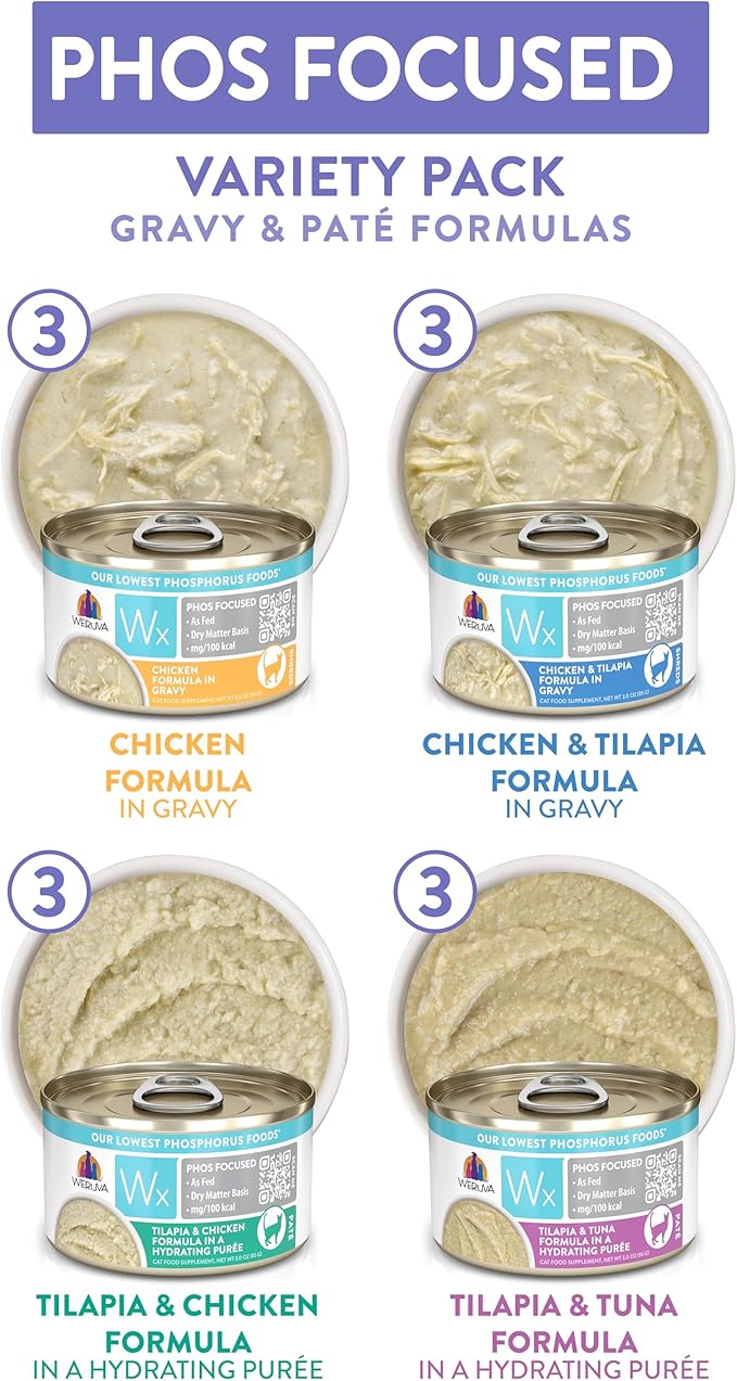 Weruva Wx Phos Focused, Pate & Gravy Formulas Variety Pack, 3oz Can (Pack of 12)