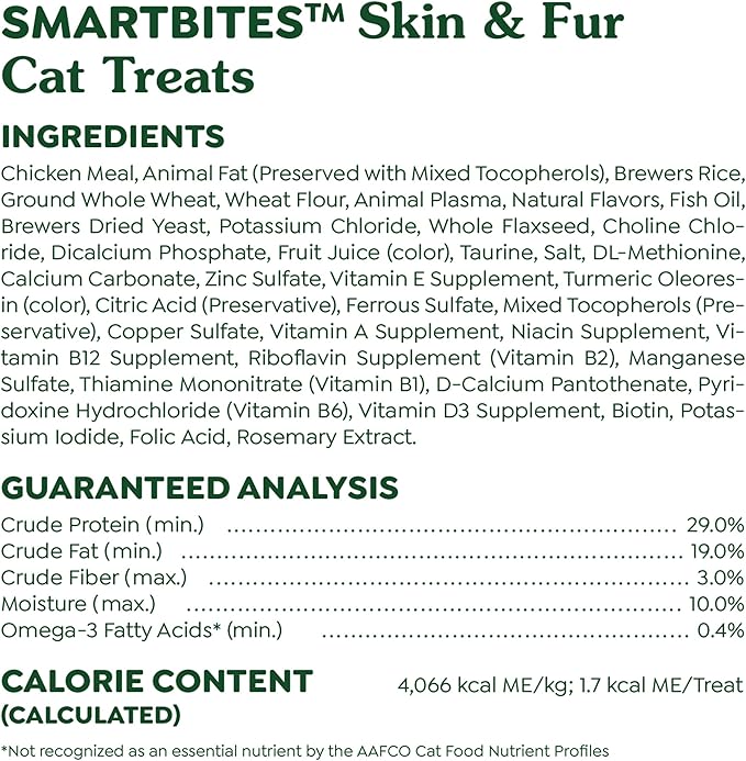 Greenies Feline Smartbites Skin & Fur Crunchy and Soft Cat Treats, Chicken Flavor, 4.6 oz. Pack