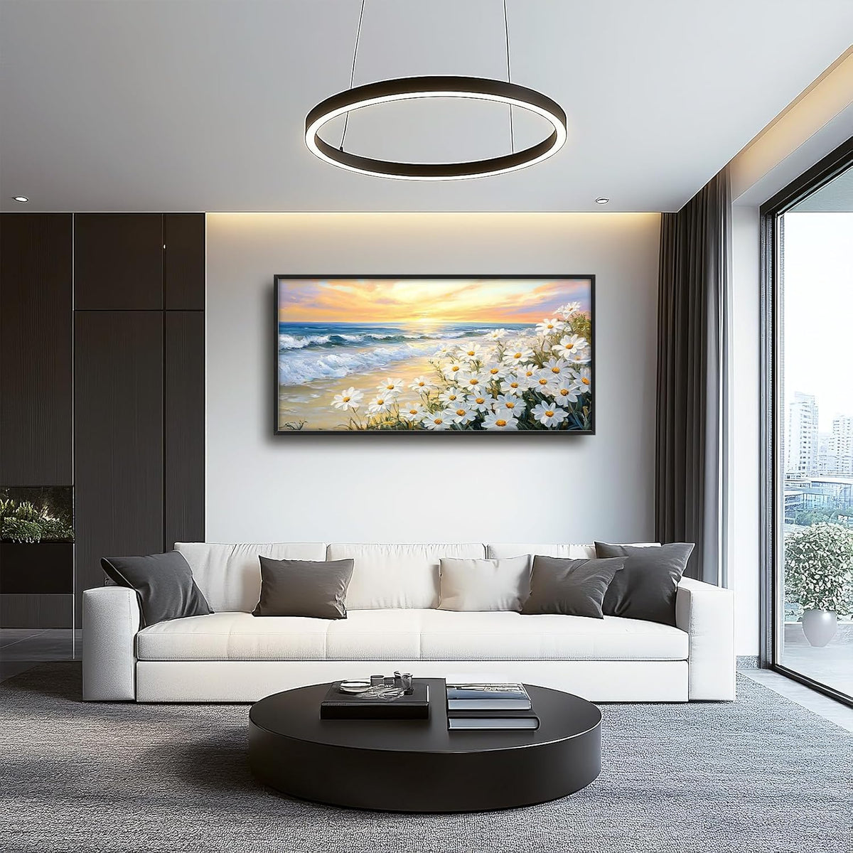 Large Beach Daisy Wall Art, Framed Coastal Beach Wall Decor for Living Room, Oversized Sunrise Canvas Painting Seascape Pictures Home Decoration for Living Room Bedroom Office 60"x30"