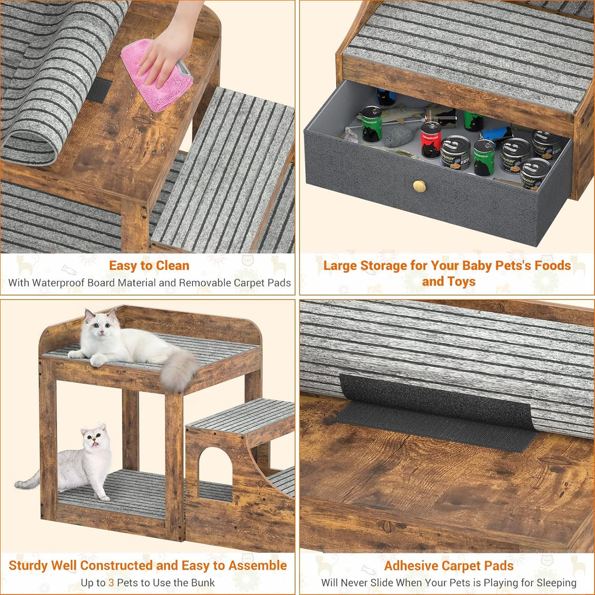 Pet Window Perch with Stairs, Super Large Pet Bunk Bed for Cats, Multi-Level Pet Seat Platform with Mats, Pet Bed Couch with Drawers for Bedside, Home, Indoor Use, Large Size, R