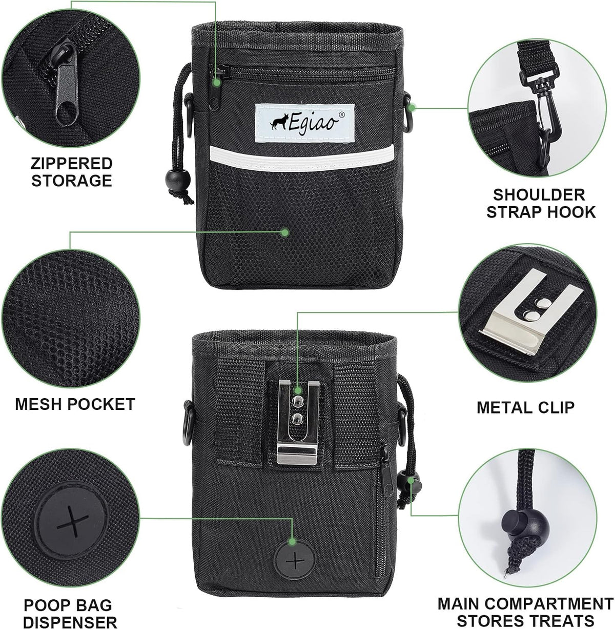Dog Treat Pouch with Drawstring Closure, Puppy Training Bag, Built-in Pet Poop Bag Dispenser, Waist Belt Clip, 3 Ways to Wear