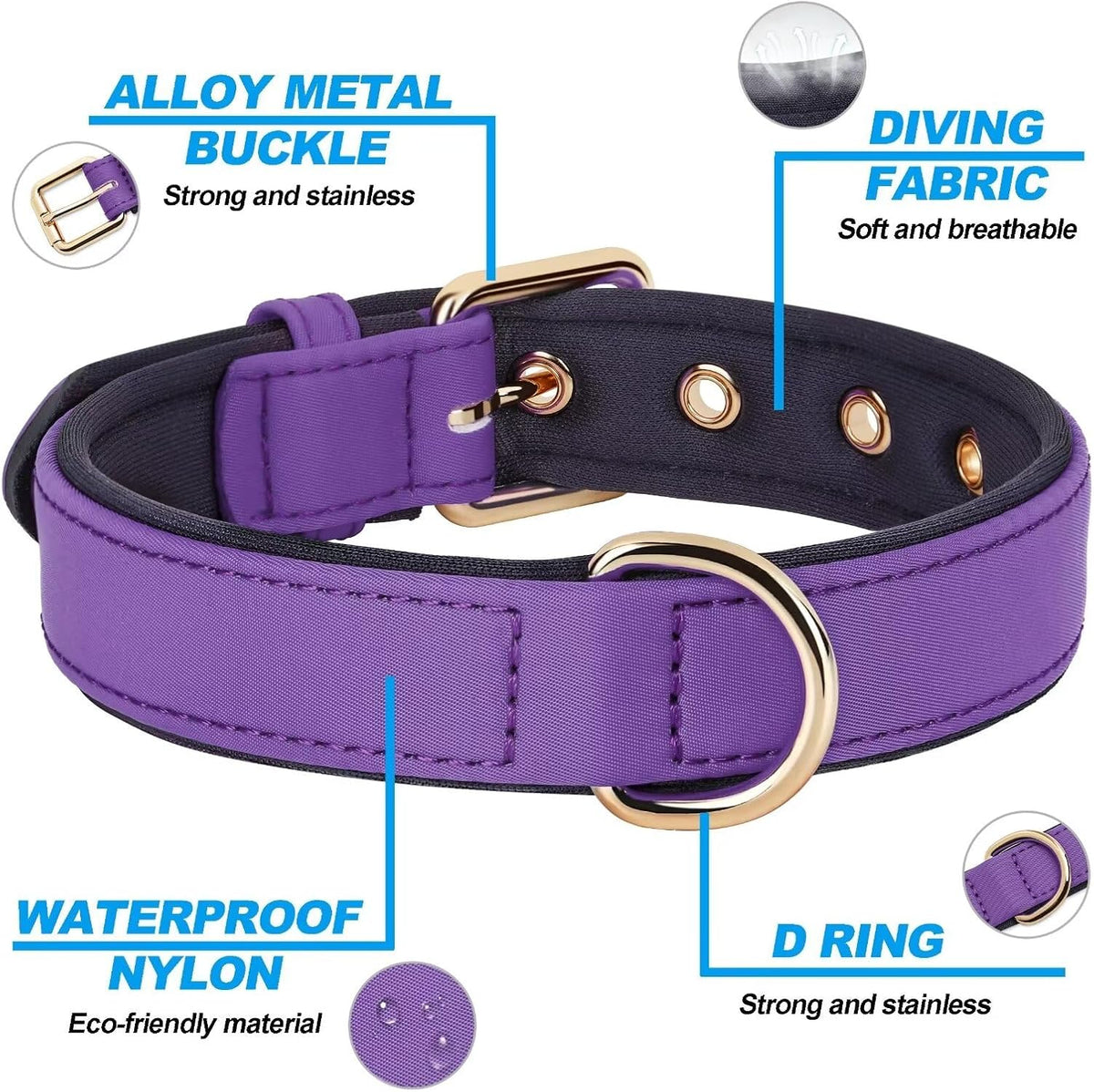 Didog Soft Padded Dog Collars for Small Dogs, Lightweight and Breathable Purple Dog Collar with Metal Buckle, Purple, M