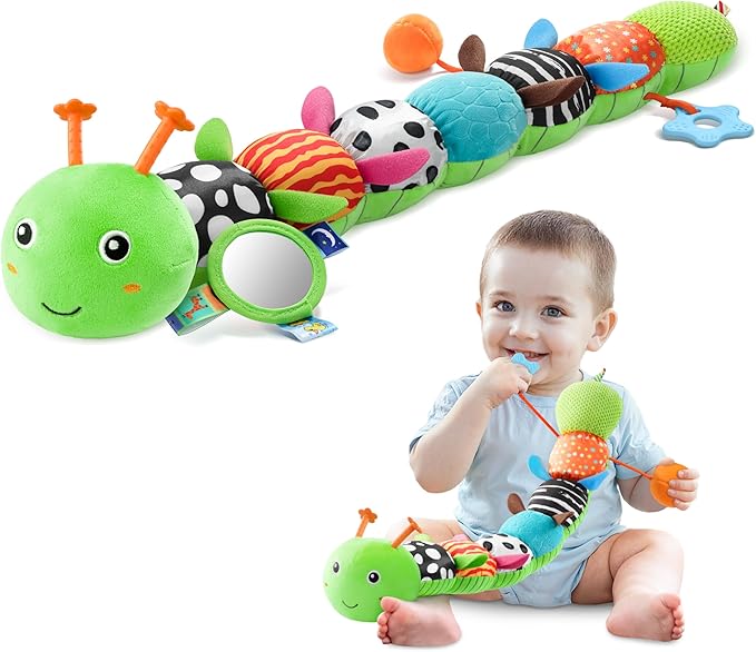 Baby Toys 0-6-12 Months,Musical Caterpillar Stuffed Animals Activity Infant Toys with Crinkle,Rattles,Mirror&Pull String,Muti-Sensory Toys Gifts for Newborn Tummy Time,Kelly Green|Leafy
