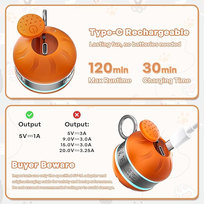 Interactive Cat Toys for Indoor Cats with 3 Mouse Tails,Electric Cat Ball Toy with Bird Chirping Sounds,Automatic Spinning Moving,300mAh Long Endurance Type-C Rechargeable,Pet Cat Supplies(Orange)
