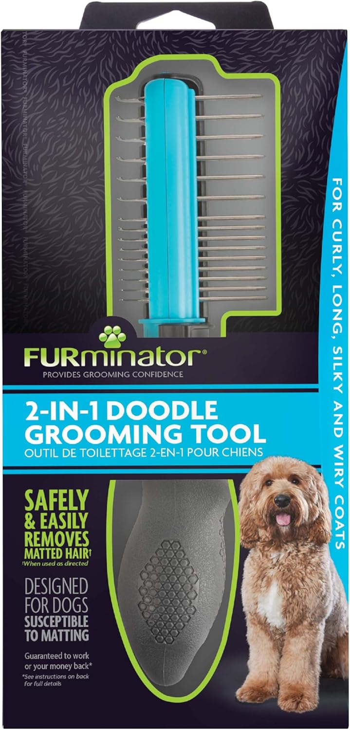 FURminator 2-in-1 Doodle Grooming Tool for Dogs, 1 Count, Dematting Tool with Comb for Mats, Tangles & Maintenance on Curly, Long, Silky & Wiry Coats