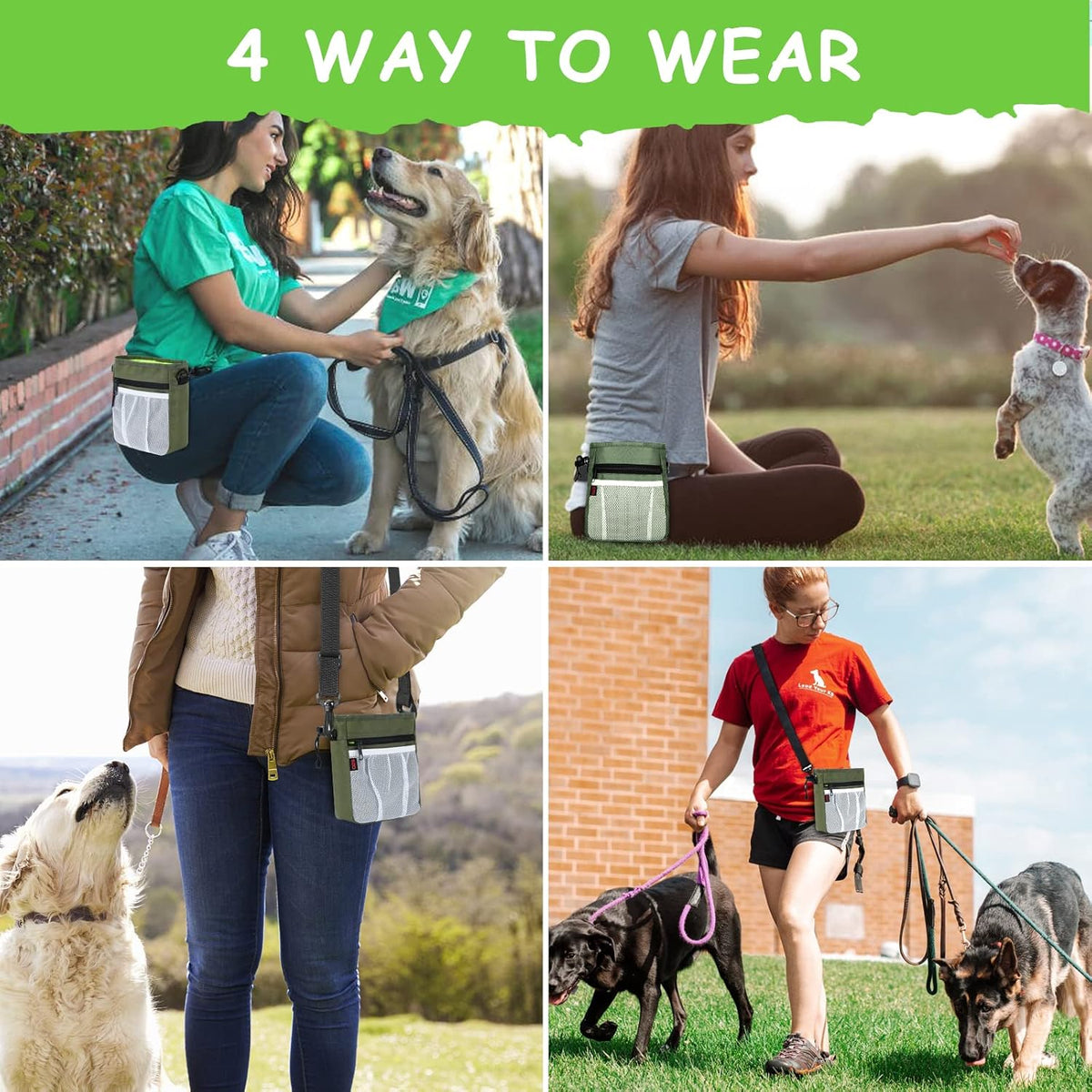Dog Treat Pouch-3 Ways to Wear Treat Pouches for Pet Training and 2 Pieces Clicker Taining for Dogs,Dog Training Treat Pouch Bag and Dog Clicker for training with Waist Belt Shoulder Strap-Dark Green