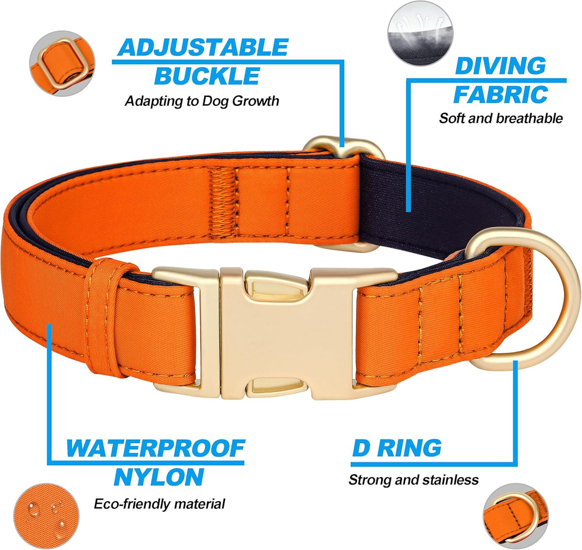 Didog Soft Padded Dog Collars for Medium Dogs, Colorful and Durable Dog Collar with Quick Release Buckle, Light and Breathable for Daily Walking, Orange, M