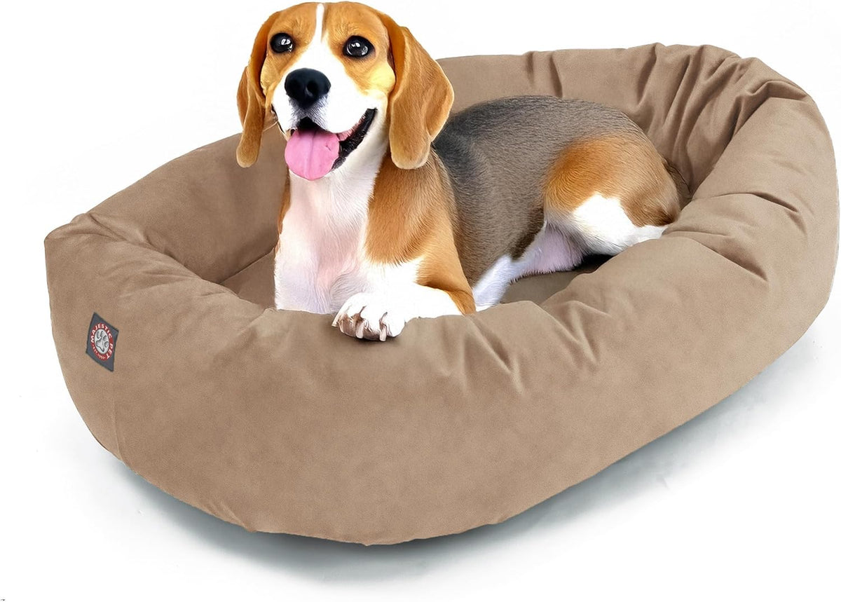 Majestic Pet 32 Inch Suede Shredded Memory Foam Mix Calming Medium Dog Bed Washable 32 x 23 x 7 (Inch) - Cozy Soft Round Donut Dog Bed with Spine for Head Support - Pet Bed Stone