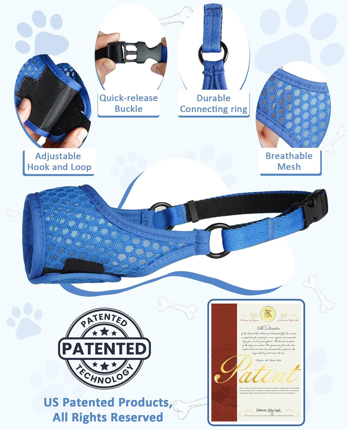 LUCKYPAW Soft Muzzle for Small Medium Sized Dogs, Dog Muzzle to Prevent Biting Chewing, Adjustable Breathable Mouth Guard for Grooming Walking Training(Blue, XS)