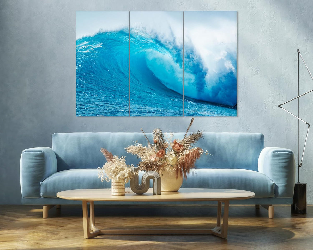 Nature Wall Art Prints - Ocean Forest Mountain Lake Canvas Landscapes - Small to Extra Large Living Room Bedroom Kitchen Bathroom Décor (Blue Ocean Wave, 39L" x 59W" - 3 Panels)