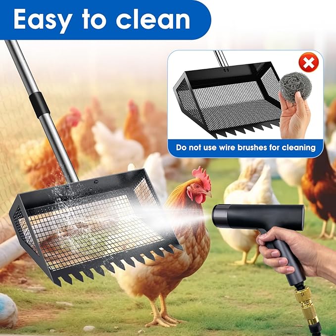 Chicken Poop Scooper & Rake 2-in-1, 32 to 68" Adjustable Stainless Steel Chicken Litter Scoop with Handle and Glove for Chick Coop Sands Multifunctional Litter Sifting Shovel for Hen Animals House
