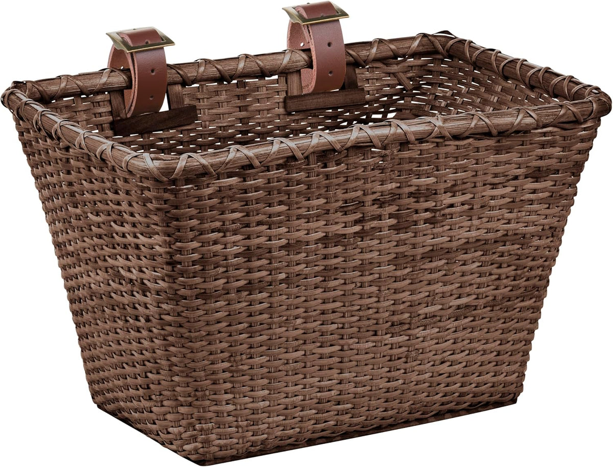 Retrospec Bicycles Cane Woven Rectangular Toto Basket with Authentic Leather Straps and Brass Buckles