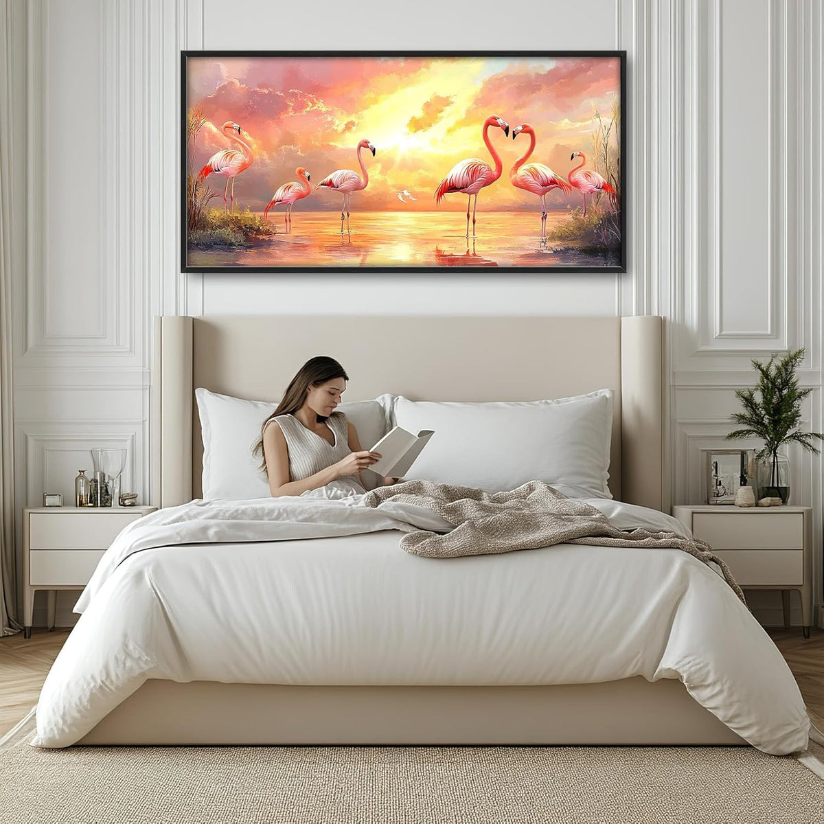 Large Flamingo Wall Art for Living Room, Framed Oversized Sunset Lake Wall Decor Landscape Canvas Painting Pictures Modern Artwork for Living Room Bathroom Bedroom Office Dining Room 60"x30"