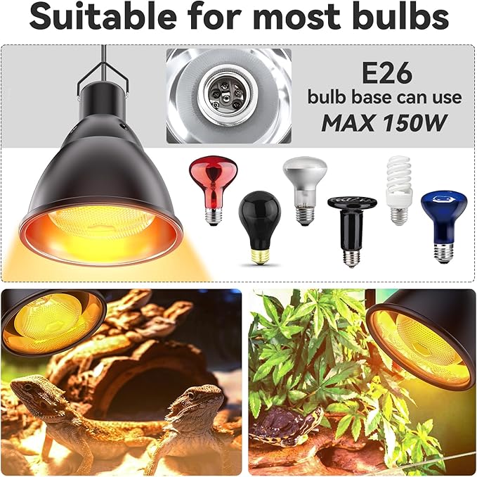 Reptile Light Fixture,7inch Deep Dome Reptile Light Fixture with 3/6/12 Timer,Infrared Reptile Heat Lamp Max 150W Blub, for Turtle Bearded Dragon Lizards Snake, 1PCS 150W Bulb Included