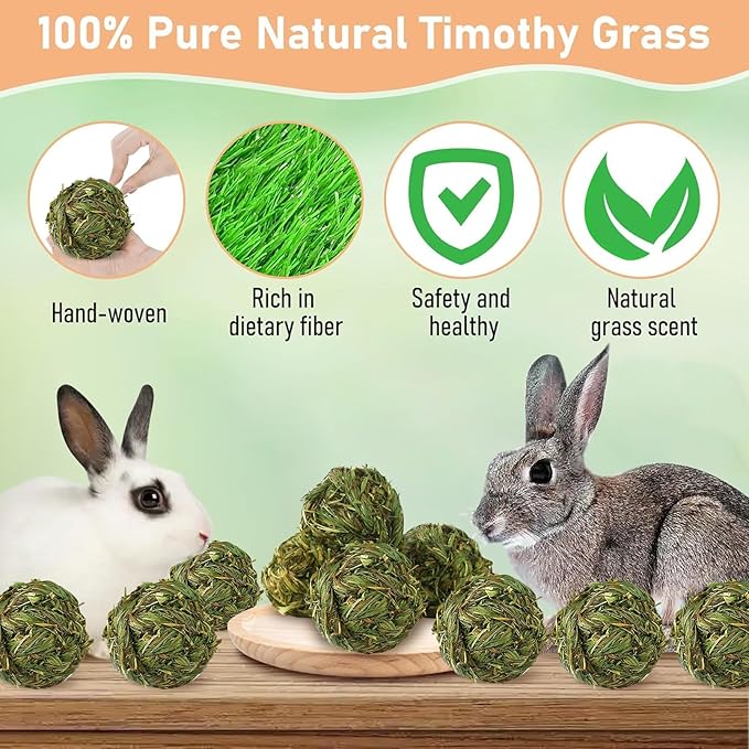 Hamiledyi 10 Pcs Rabbit Chew Ball Timothy Grass Ball Small Animal Activity Play Chew Toys Teeth Grinding for Bunny Rabbits Hamster Guinea Pigs Gerbils Chinchillas